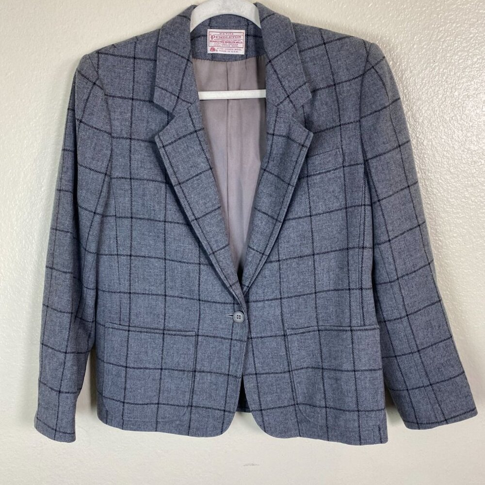 VTG Pendleton Virgin Wool Blazer Jacket Gray Windowpane size 12 Petite Plaid USA